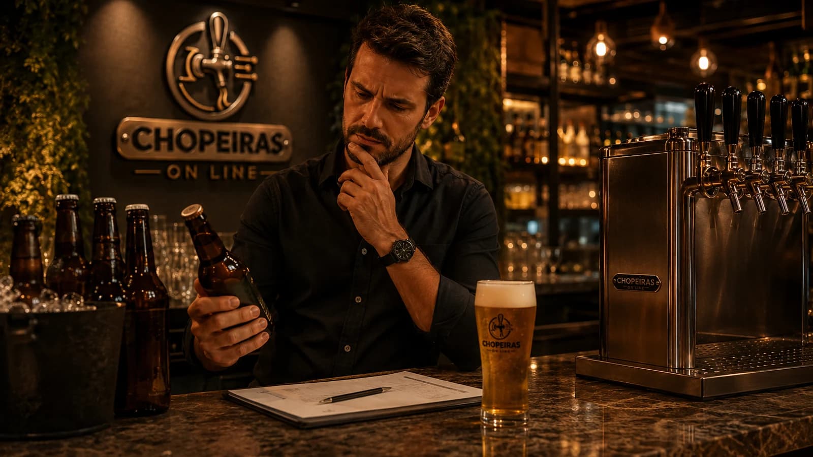 Dono de bar comparando garrafa de cerveja e copo de chope da Chopeiras On Line