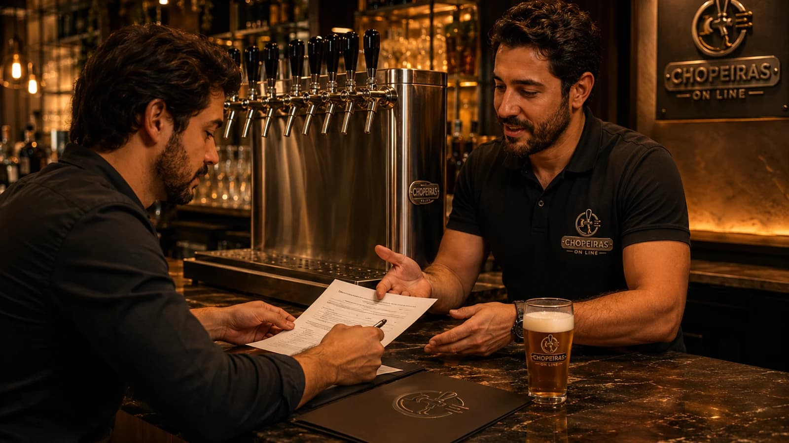 Dono de bar assinando contrato de locação sem fidelidade com a Chopeiras On Line