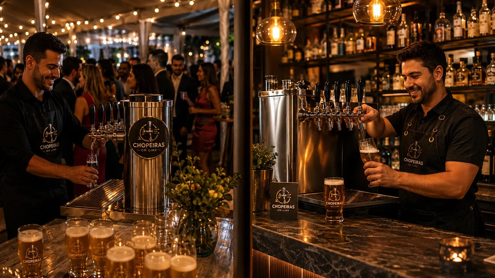 Comparação entre chopeira da Chopeiras On Line servida em evento formal e em bar