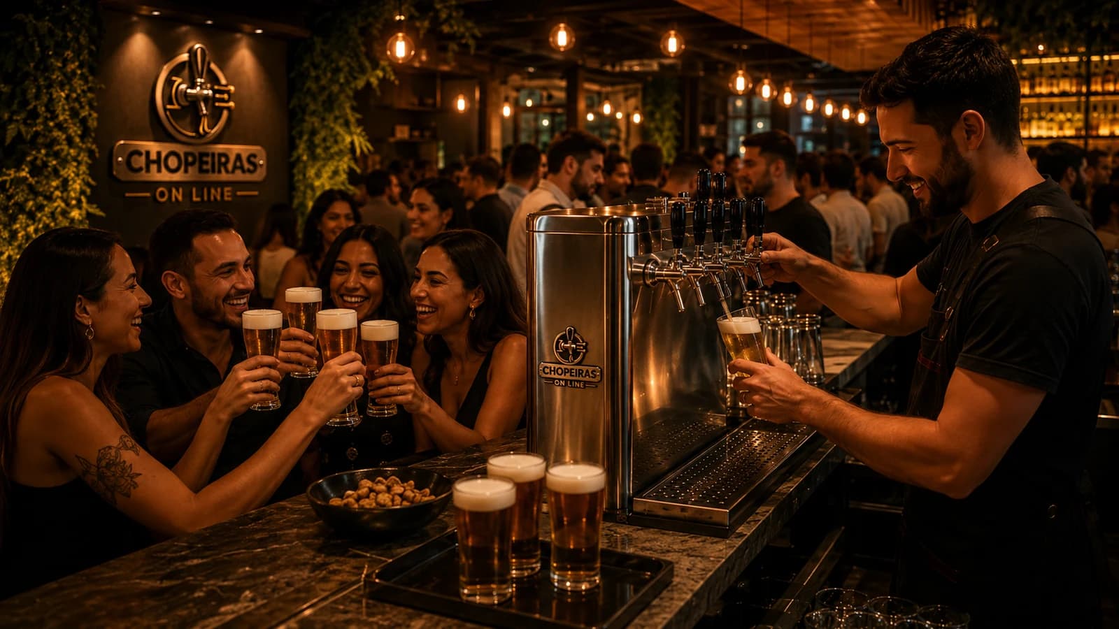 Grupo de amigos brindando com chope da Chopeiras On Line em bar cheio