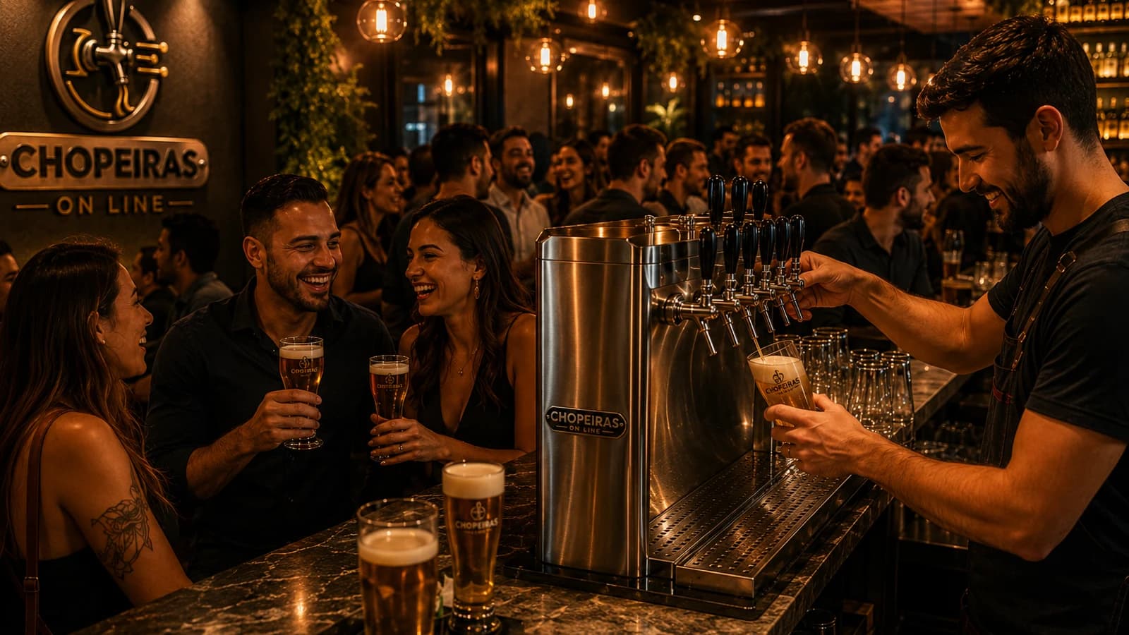 Grupo de amigos no happy hour brindando com chope da Chopeiras On Line