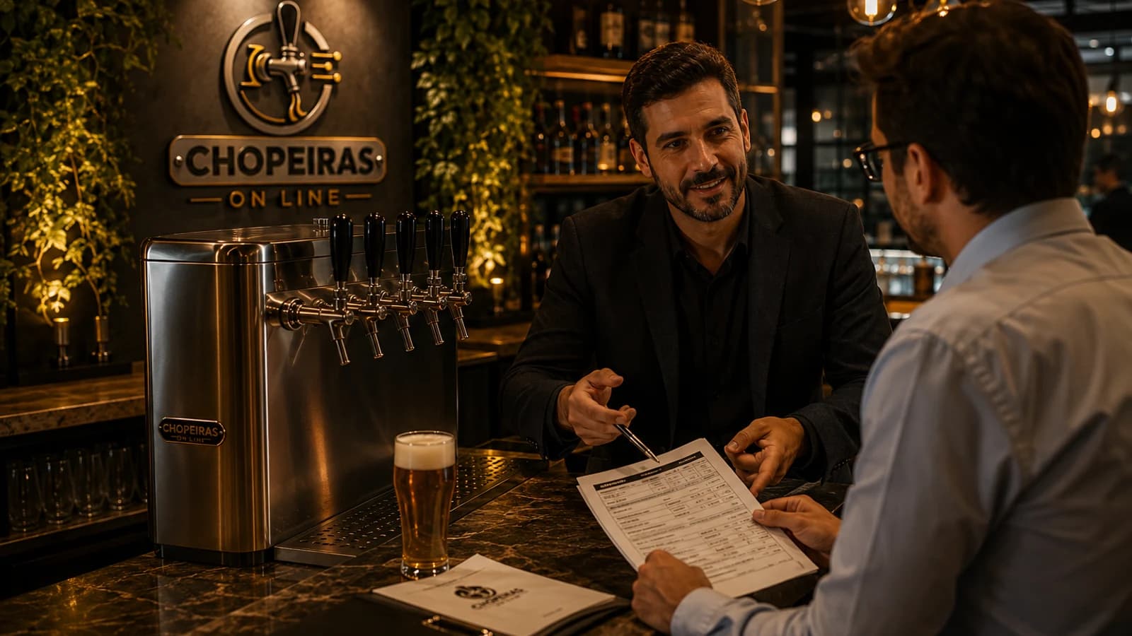 Dono de bar analisando formulário de locação da Chopeiras On Line no balcão