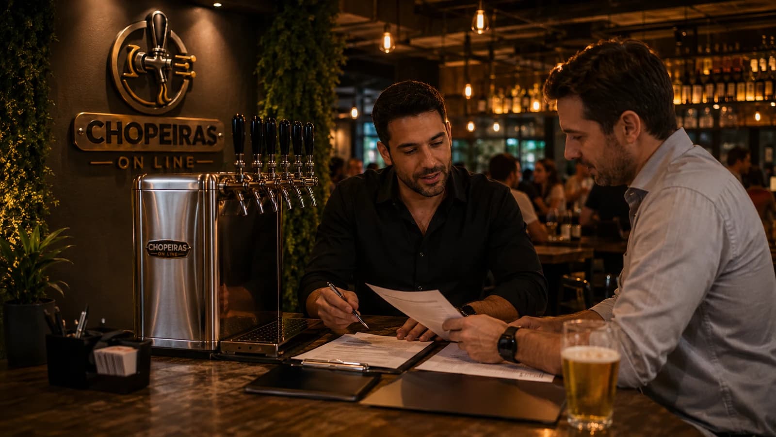 Dono de bar negociando proposta de barril no balcão com a chopeira Chopeiras On Line