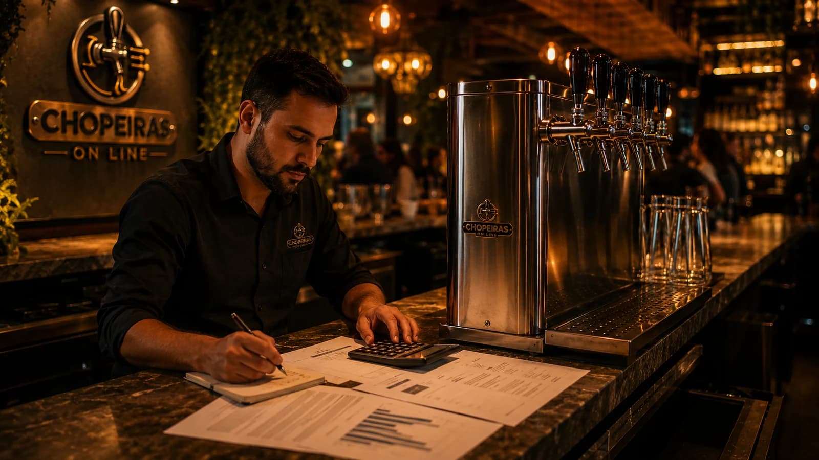 Dono de bar calculando o preço do chope ao lado da chopeira Chopeiras On Line