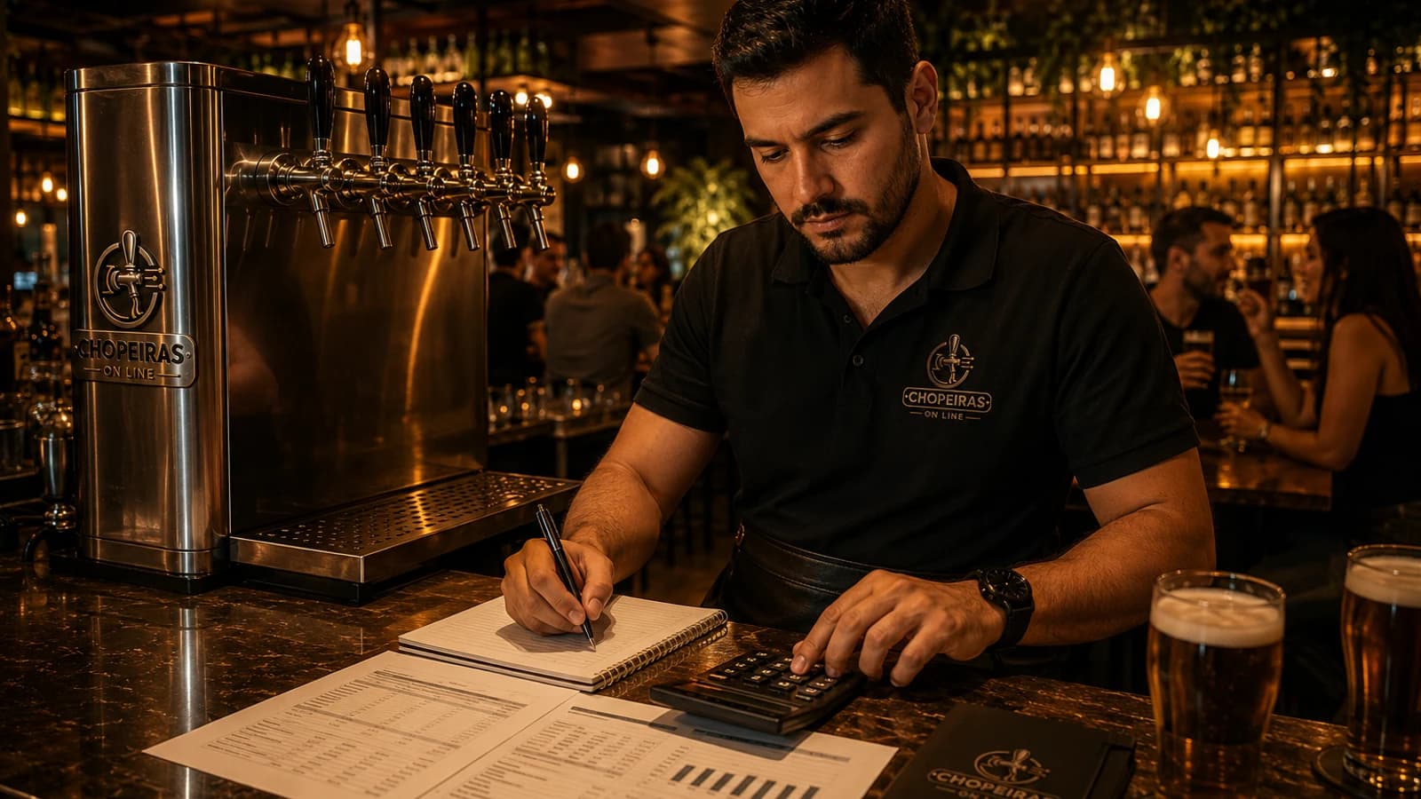 Dono de bar calculando o custo da locação da chopeira Chopeiras On Line