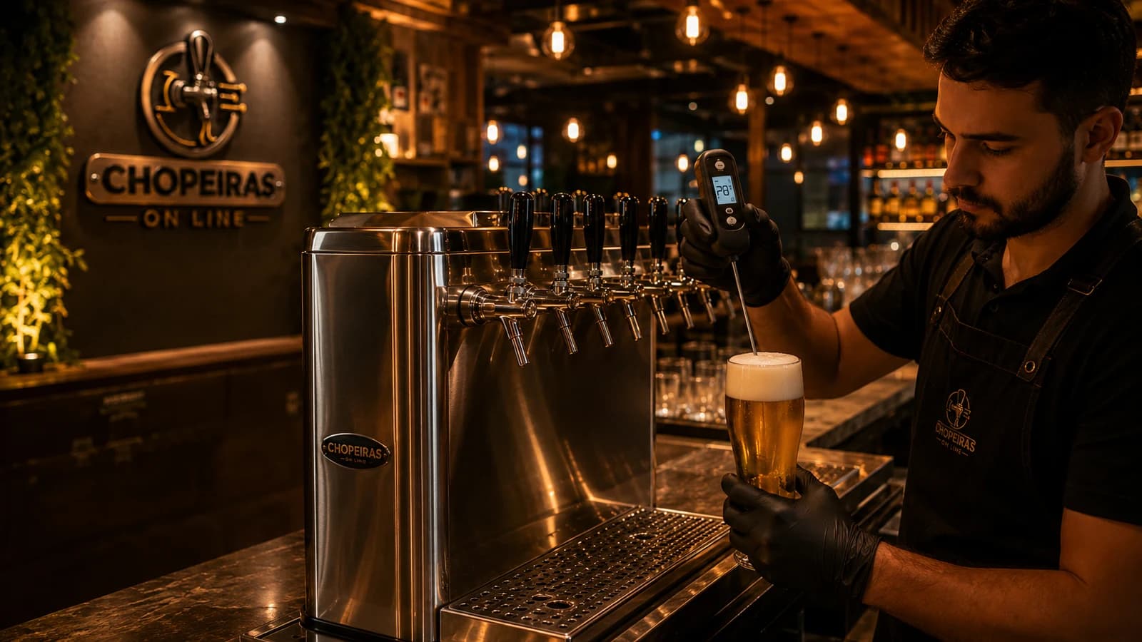 Técnico medindo a temperatura ideal do chope na chopeira Chopeiras On Line