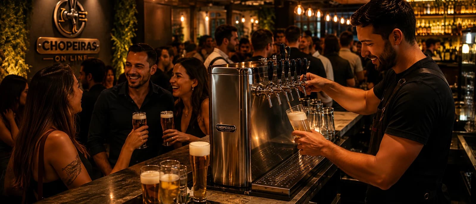 Clientes brindando com chope da Chopeiras On Line no balcão de um bar
